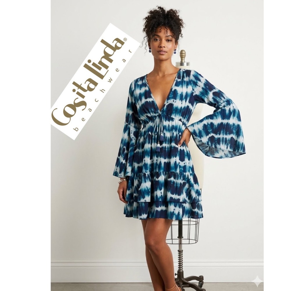 Cosita Linda Beachwear Blue Tie Dye Bell Sleeve Tassel Mini Dress SzM Resortwear